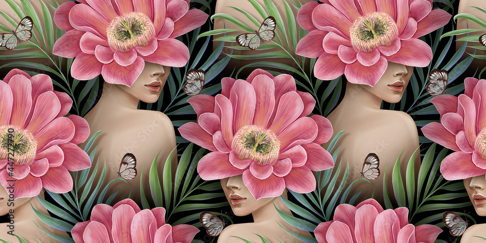 custom made wallpaper toronto digitalTropical exotic seamless pattern with naked women, palm leaves, cactus flowers, glasswinged butterflies. Hand-drawn 3D illustration. Good for luxury wallpapers, clothes, mural, fabric printing, poster
