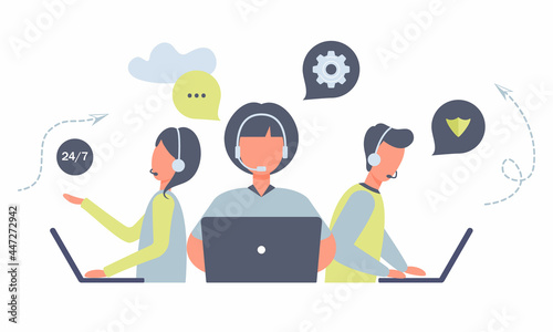 Customer service workers with headsets and laptops service or consult customers on computers.Hotline operators work 24/7, global online technical support, Call center, call processing system. Raster