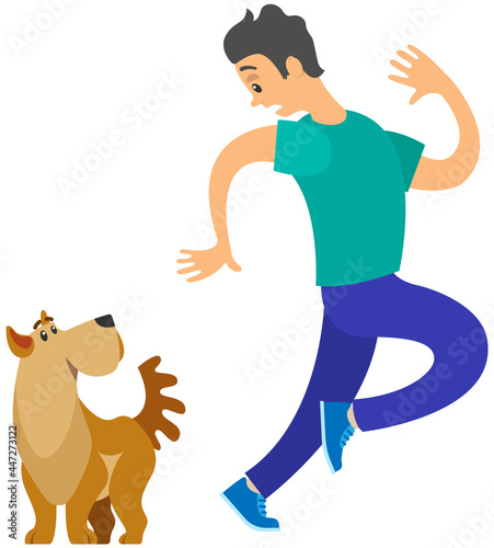 Man frightened by dog suffers from cynophobia, human fear concept. Person looking scared at dog is afraid of animal. Male character shaking, trembling with fear of dogs isolated on white background