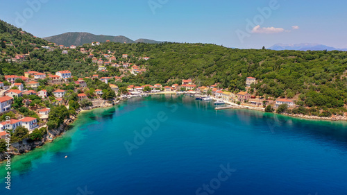 Aerial view of the port of the Kioni village in Ithaca during the pandemic summer of 2020