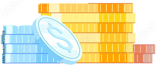 Pile of gold dollar coins. Large number of cents as symbol of wealth and success. Money stacked in piles isolated on white background. Penny in big stack of money. Income and high earnings in coins