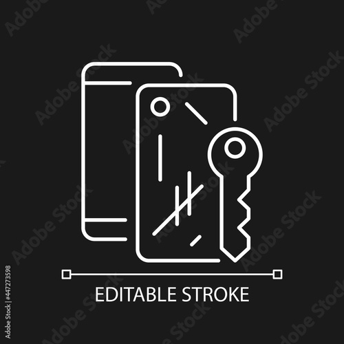 Scratched housing white linear icon for dark theme. Damaged mobile phone case and housing. Thin line customizable illustration. Isolated vector contour symbol for night mode. Editable stroke