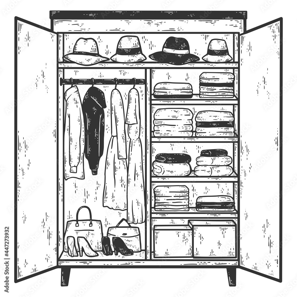Fototapeta premium Open wardrobe with thingswith things. Sketch scratch board imitation coloring.