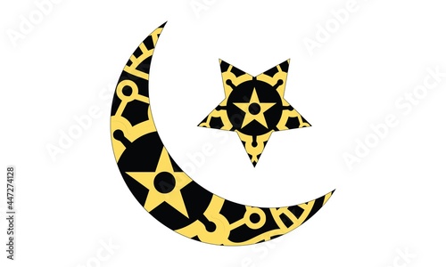 black and yellow stars and moon.Moon with stars in the night sky. Illustration on a black background.