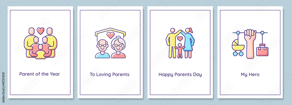 Parents day celebration greeting cards with color icon element set. Honoring parents. Postcard vector design. Decorative flyer with creative illustration. Notecard with congratulatory message