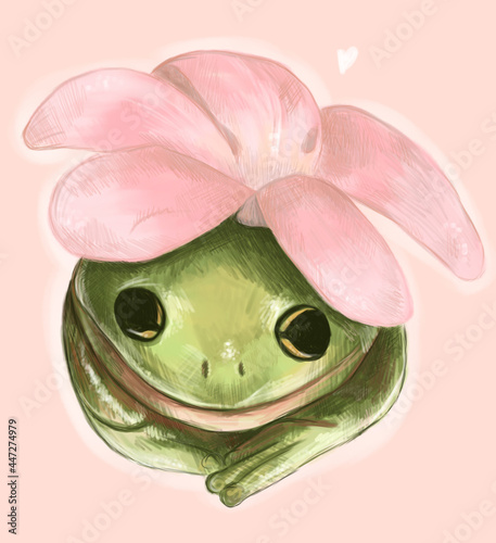 Sketch digital green frog with pink flower. Hand drawn illustration. Animal silhouette. Wildlife art, graphic for fabric, postcard, greeting card, book