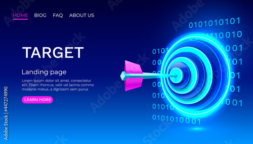 Target neon landing page, banner business 3d icon. Vector