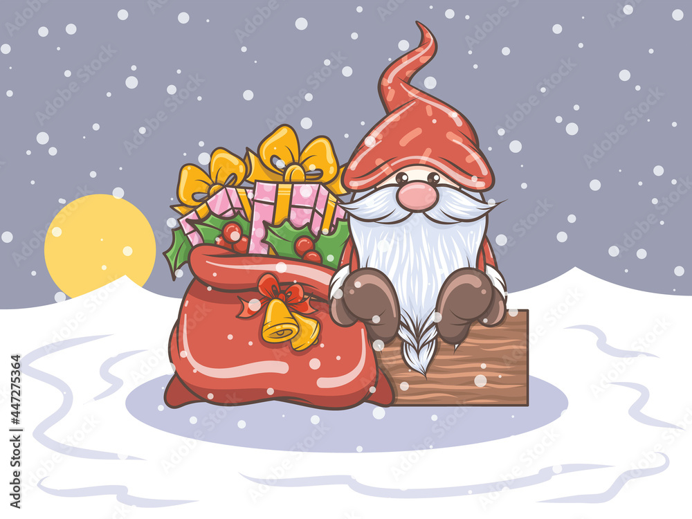 Fototapeta premium cute gnome illustration with Christmas gift bag