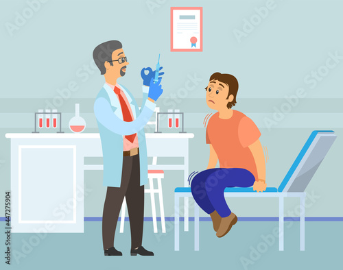 Doctor making vaccine, injection to patient in hospital. Man is afraid of inoculation campaign. Fear of syringes, phobia, horror concept. Guy suffering from fear of injection, trypanophobia