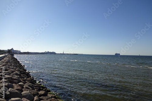 Seaview from Reidi tee on sunny summer day with cruise ships on the back. Close up of stone pier in the front. Baltic sea  Tallinn  Estonia