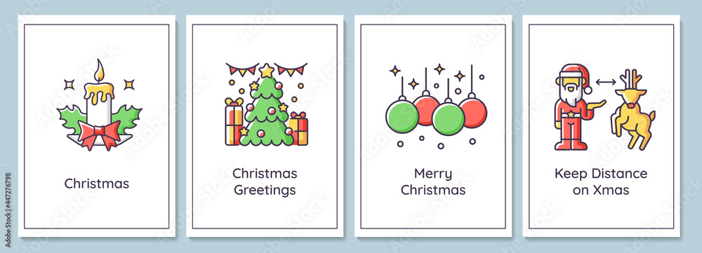 Christmas celebration greeting cards with color icon element set. Merry Xmas to all. Postcard vector design. Decorative flyer with creative illustration. Notecard with congratulatory message