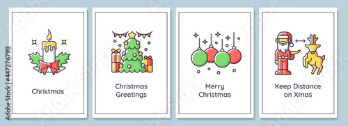 Christmas celebration greeting cards with color icon element set. Merry Xmas to all. Postcard vector design. Decorative flyer with creative illustration. Notecard with congratulatory message