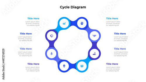 Cycle metaball diagram with eight options or steps. Slide for business presentation. Circle abstract element divided into 8 parts
