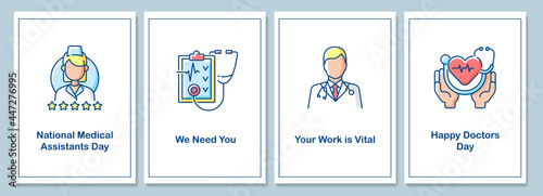 National medical assistants day celebration greeting cards with color icon element set. Postcard vector design. Decorative flyer with creative illustration. Notecard with congratulatory message