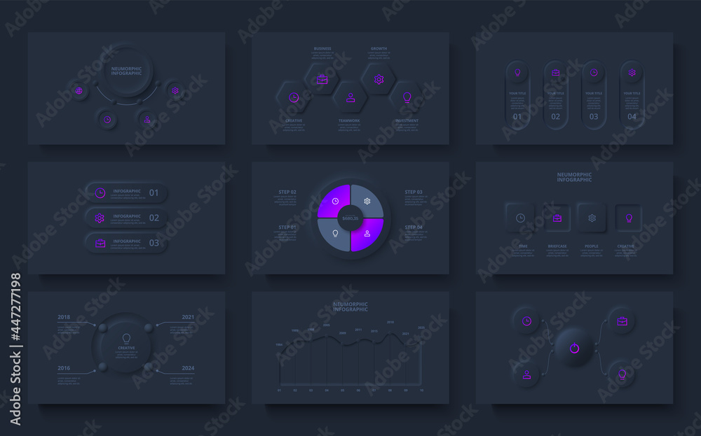 Nine slides with dark neumorphic infographics elements. Circles, rings, hexagons and charts info graphic design templates. Set of Infograph concept with 3, 4, 5 and 6 options