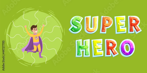 Strong super man smiles and flies to save world stretched out his hand. Brave character in superhero costume with cloak on white background. Cartoon person hurries to protects people from villains