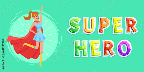 Superwoman smiling, waving hand and has superpowers. Cartoon character in superhero costume with red cloak, mask and emblem stands on green background. Strong person protects people from villains