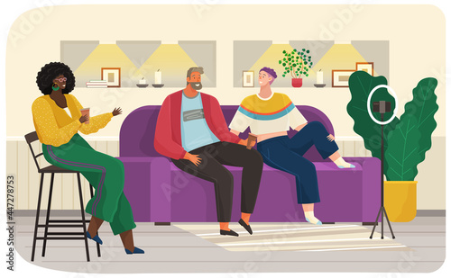 Characters sitting on sofa and giving interview to female journalist. Live report, press conference with guests of radio station. People communicate during podcast. Live communication at interview