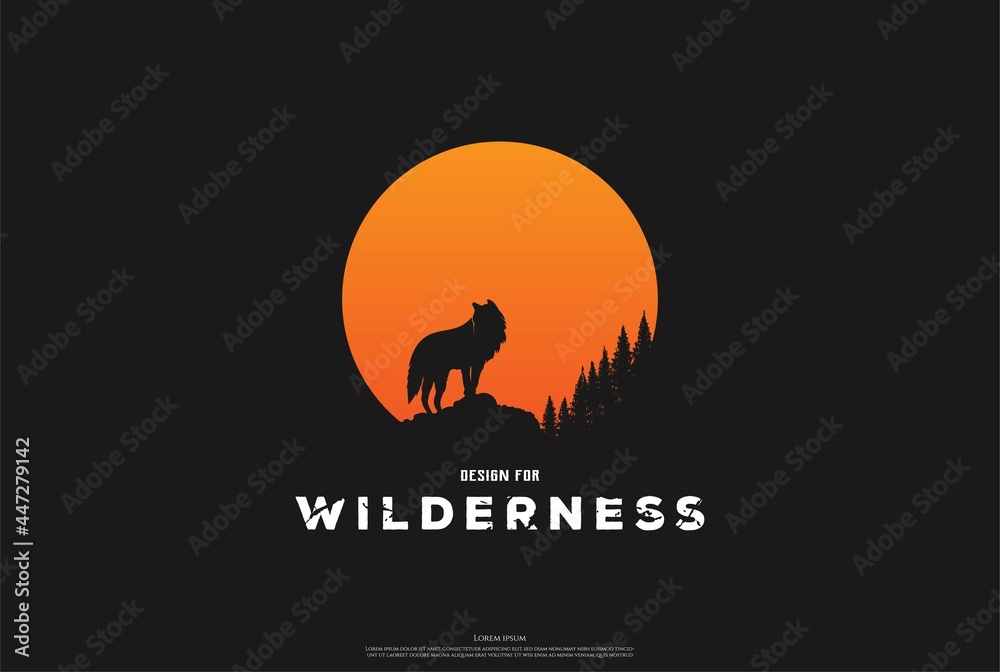 Sunset Sunrise Moon with Wolf Jackal for Adventure Logo Design Vector Sunset Sunrise Moon with Wolf Jackal for Adventure Logo Design Vector