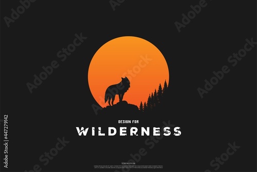 Sunset Sunrise Moon with Wolf Jackal for Adventure Logo Design Vector