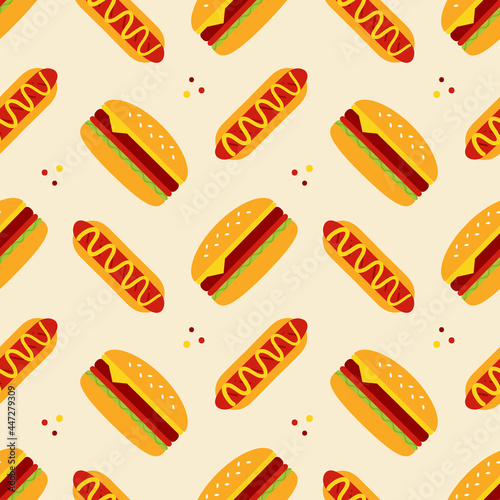 Hot dog and burger, cheeseburger cute cartoon style vector seamless pattern background for fast food design.