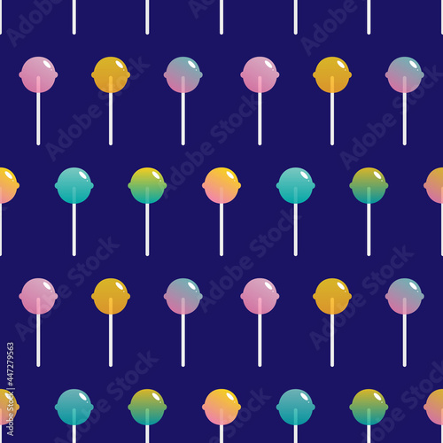 Blue vector seamless pattern background with cute and colorful lollipops, sugar candy on stick.
