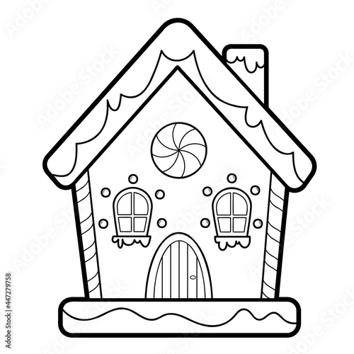 Christmas coloring book or page. Gingerbread house black and white vector illustration