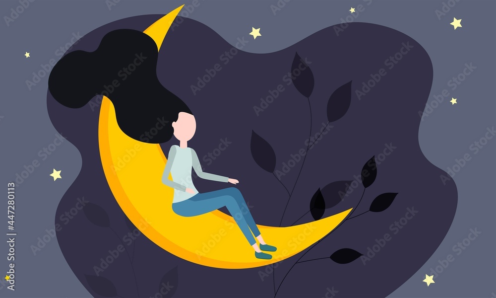 Fototapeta premium Sweet dreams. A cute girl with long hair sits on a crescent moon. Night sky and stars. Banner Cartoon Style Healthy Sleep Concept Comfortable Rest Vector illustration