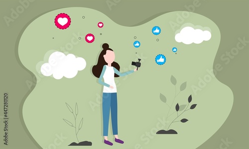 Woman blogger. Shoots video on camera. Reviews  likes  approval. Heart and thumbs up icons. Popularity on social networks. Vector illustration 