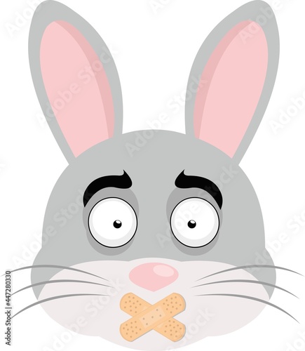 Vector emoticon illustration of the face of a cartoon rabbit with crossed adhesive bands in its mouth