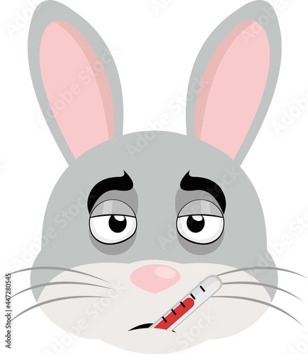 Vector illustration of an emoticon of the face of a cartoon rabbit with a fever and a thermometer in its mouth