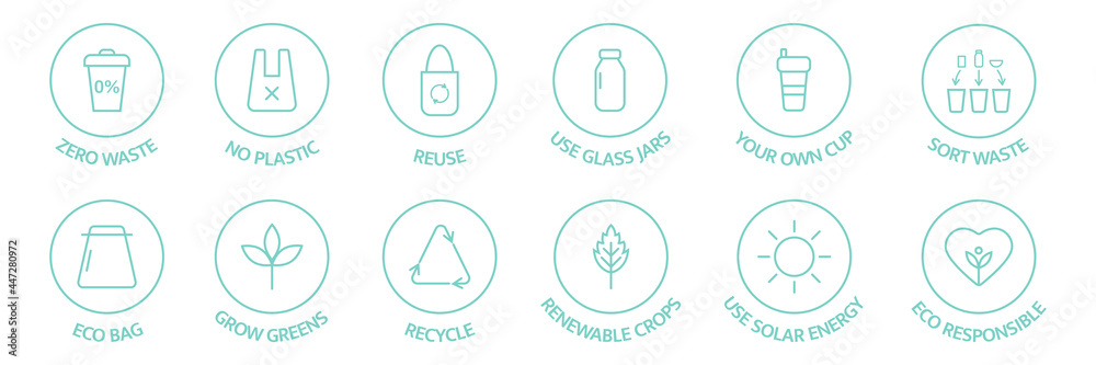 Zero waste line icons set. Recycle, reuse, reduce logo. Eco, bio pictogram. Ecology concept. Save the planet. Sort waste emblem. Sustainable package. Grow greens badge. Renewable. Vector illustration