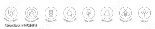 Organic and natural cosmetic line icons big set. GMO free emblems. Vegan, bio food. Organic products badges. Hypoallergenic, safe for children, clean cosmetic, non toxic. Vector illustration