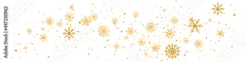Snowflakes golden wave composition. Snow fall. Christmas gold celebration long banner. Winter design. Happy New Year card. Holiday background. Season greeting. Glitter luxury card.Vector illustration