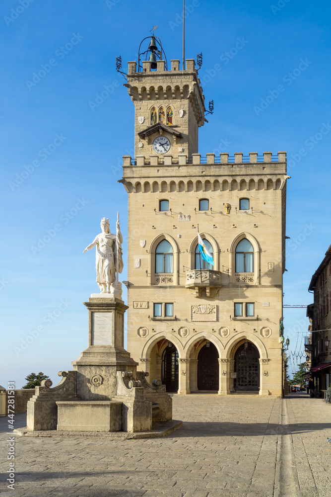 The Statue of Liberty with Palazzo Publico in the background in San Marino