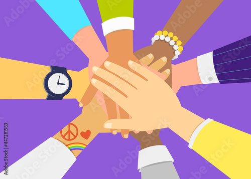 Group of multicultural ethnic people Friends with Hands Stacked on purple background. International Team Building cartoon vector illustration. Arms of different Race People with on Stack 