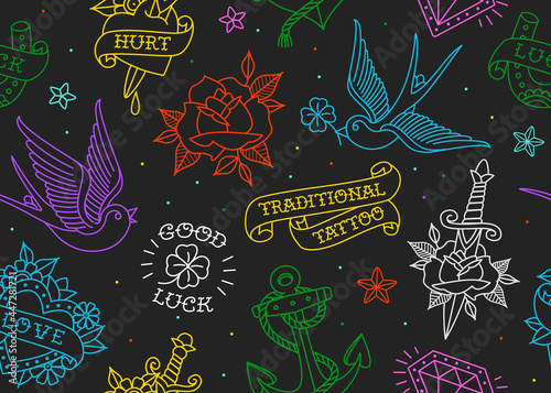 Traditional tattoo icons elements in line style seamless pattern on black background. Old school tattoo symbols and objects set of swallow, anchor, heart, rose. Editable vector endless background