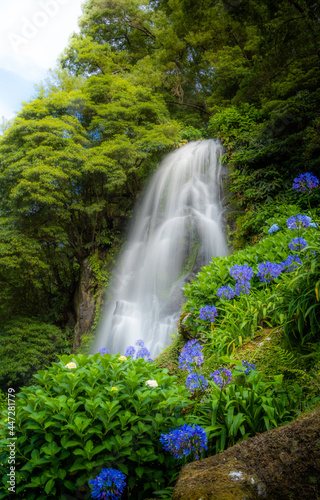 Beautiful waterfall at Parque Natural da Ribeira dos Caldeir  es on Sao Miguel  Azores