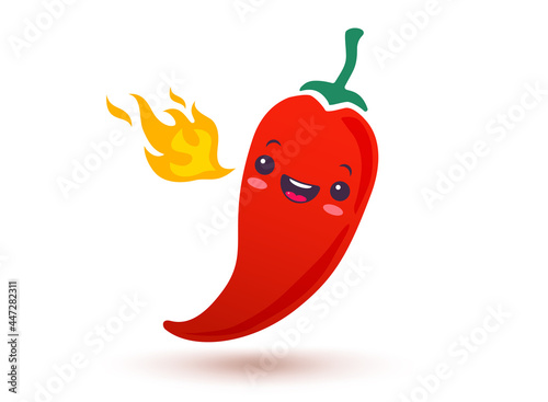 Vector illustration of a spicy chilli pepper with flame in kawaii style.