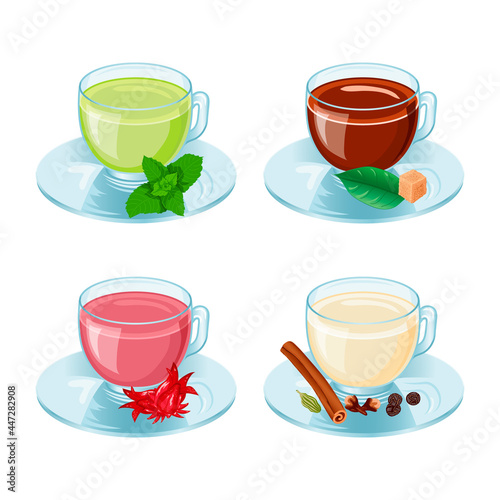 Set with cups of tea. Isolated vector objects. white background.
