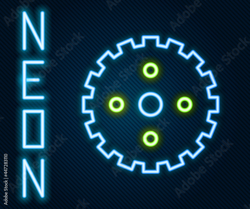 Glowing neon line Bicycle sprocket crank icon isolated on black background. Colorful outline concept. Vector