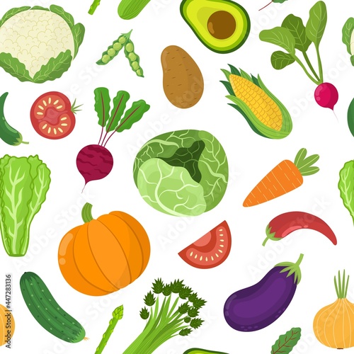Cute vegetables seamless pattern. Food ingredient background with cabbage, pumpkin, corn, potato, carrot and more. Organic print in cartoon style. Vector illustration