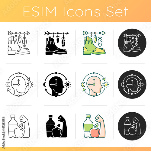 Changing habits and priorities icons set. Bohemian lifestyle. Circadian rhythms. Healthy living. Spiritual pursuits. Staying hydrated. Linear, black and RGB color styles. Isolated vector illustrations