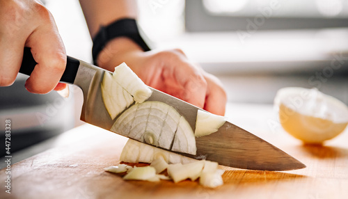 Obraz na plátně Chefs woman hands chopping onion on wooden board
