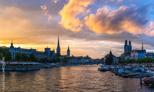  Beautiful evening panorama of old town of Zürich, the largest city in Switzerland. It is located in north-central Switzerland at the northwestern tip of Lake Zürich.