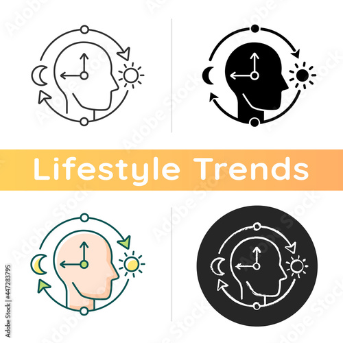 Circadian rhythms icon. Internal daily clock. Optimize cognitive function for daytime. Sleep wake cycle regulation. Perfect synchrony. Linear black and RGB color styles. Isolated vector illustrations