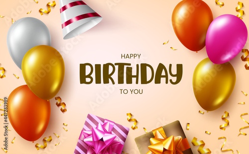 Birthday vector background design. Happy birthday to you greeting text with floating balloons, gifts and gold confetti decoration elements for surprise birth day party card. Vector illustration
