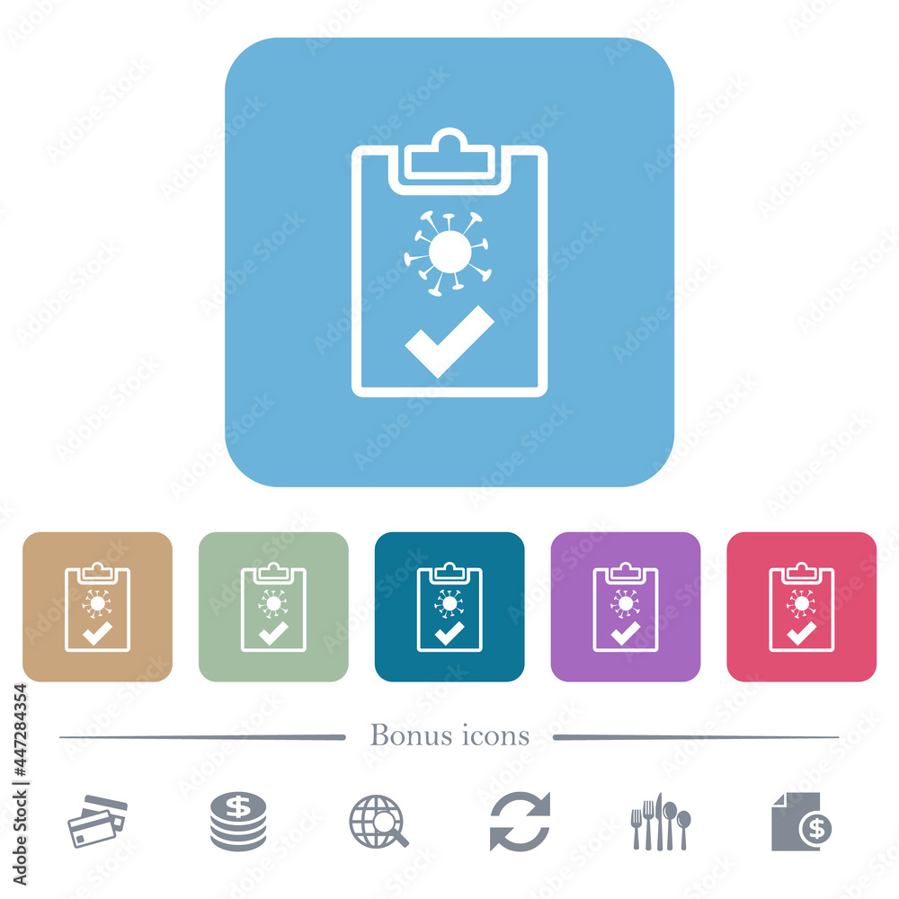 Covid test passed flat icons on color rounded square backgrounds Covid test passed flat icons on color rounded square backgrounds