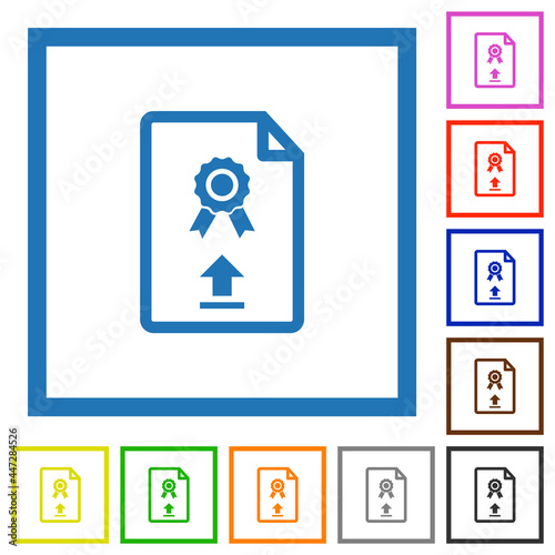 Upload certificate flat framed icons