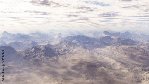 Climate change, panoramic view of a mountain range in a desert area at dawn. Raising the temperature. Arid and dry areas. Mountains and clouds. Global warming. 3d rendering 